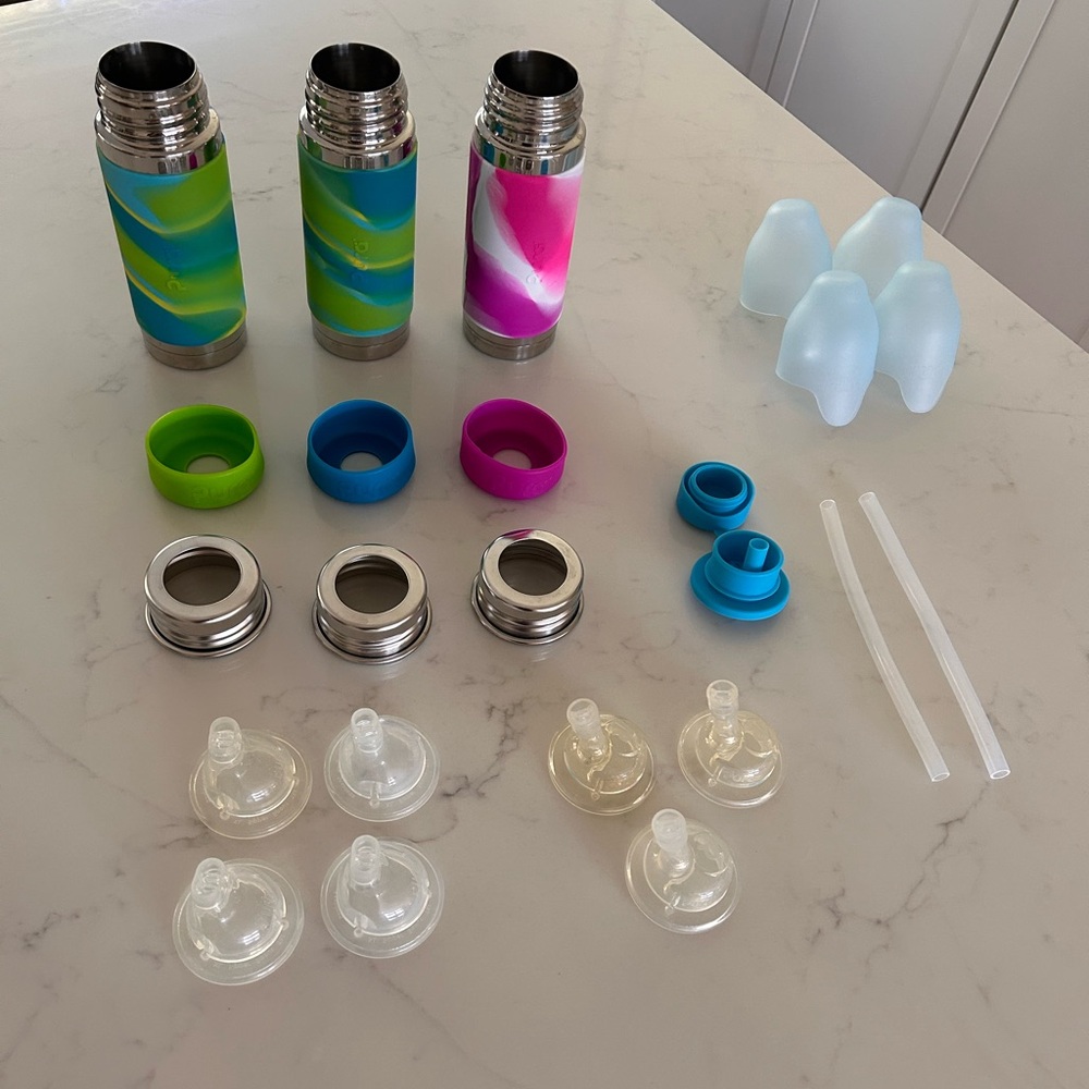 Pura Stainless Bundle - 3 Pura Bottles 9oz with lids, silicone bumpers, straws